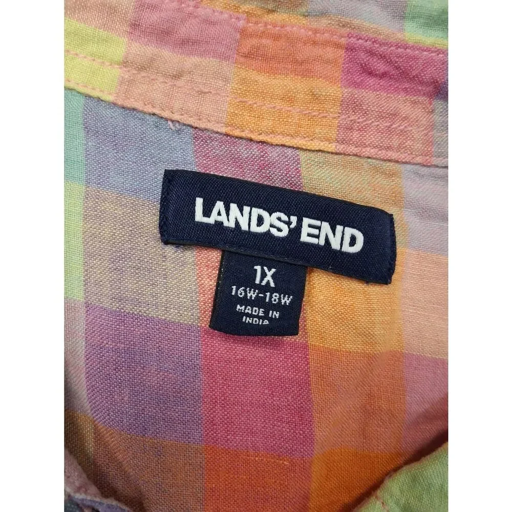 Lands end womens 1xl tab sleeve 100% linen shirt blouse plaid pink yellow - Picture 5 of 10